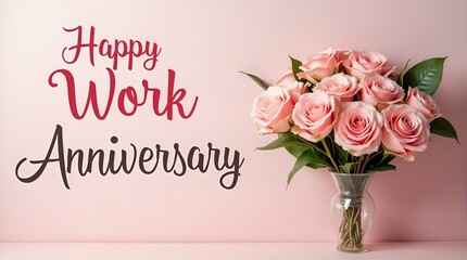 Happy Work Anniversary Greeting Card with a Bouquet of Light Pink Roses in a Clear Glass Vase on a Pink Background