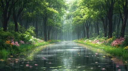 Obraz premium Rainy forest path, flowers, tranquil scene, ideal for nature wallpaper