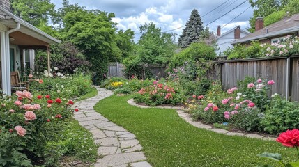A peaceful backyard flower garden with neatly arranged beds of roses and peonies.