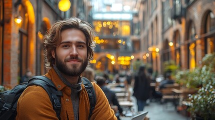 Fototapeta premium Smiling young man with backpack in city alley.