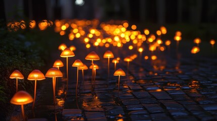Obraz premium Illuminated mushroom path, night garden, cobblestone, event