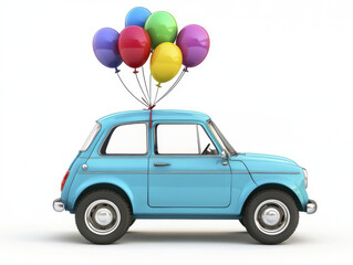 fun cartoon car in blue with colorful balloons tied to its roof, creating cheerful and whimsical scene. Perfect for celebrations and joyful moments