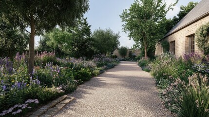 Obraz premium A peaceful countryside garden with a mix of perennials and flowering shrubs.
