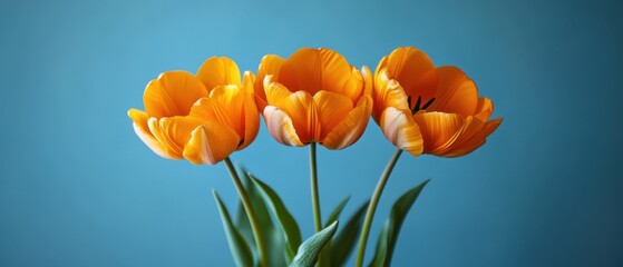 Three vibrant orange tulips bloom gracefully in a sleek vase, their bright petals contrasting beautifully against a serene blue backdrop, perfect for Valentine's Day.