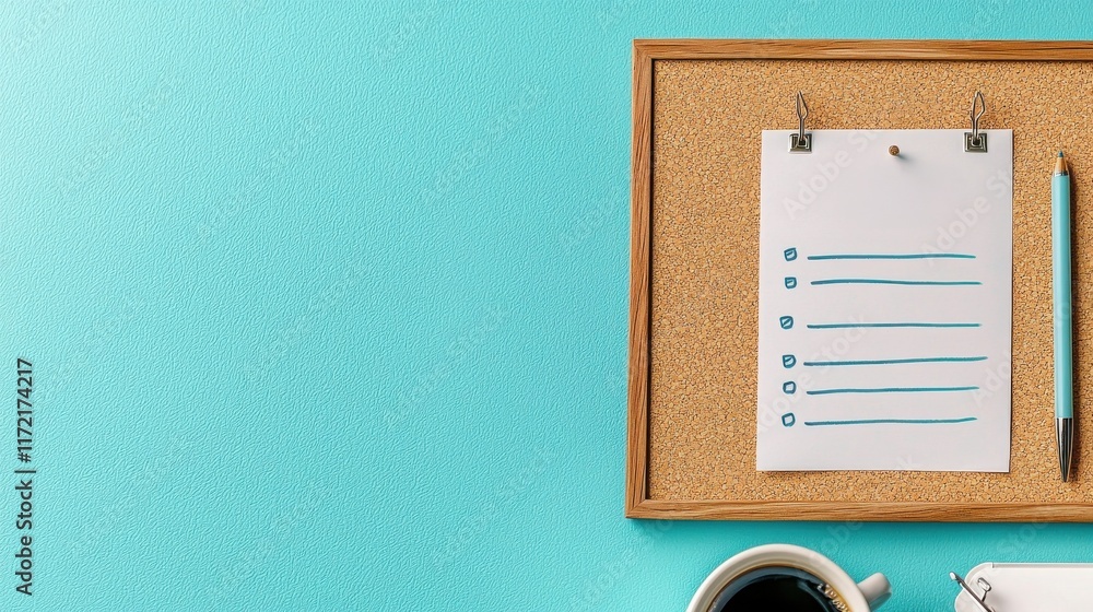 Poster 2025 planning aligns with goal setting and objectives. notepad and coffee on a turquoise background 