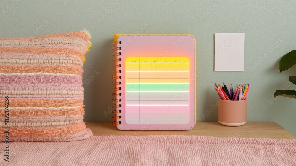 Aufkleber 2025 planning aligns with goal setting and objectives. colorful notebook and cozy pillow on a soft s