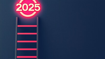 2025 planning aligns with goal setting and objectives. Ladder leading to a glowing 2025 sign against a blue background.
