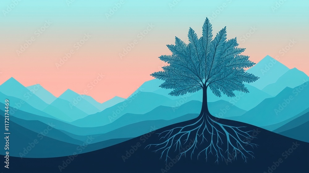 Poster 2025 planning aligns with goal setting and objectives. a stylized tree on a hillside with layered mo