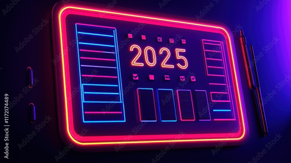Poster 2025 planning aligns with goal setting and objectives. neon sign displaying the year 2025 with vibra