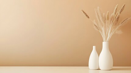 Dried Pampas Grass in White Vases on Beige Background