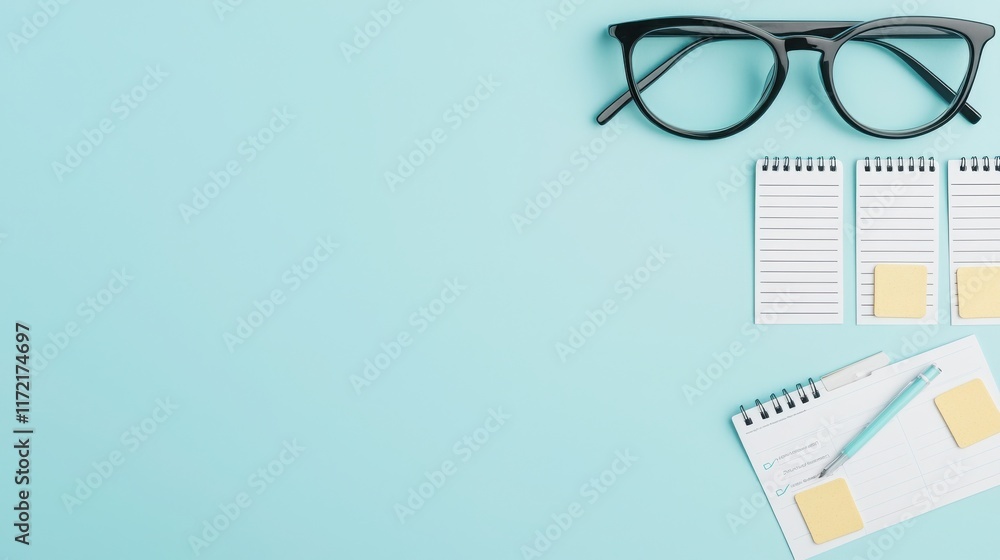 Poster 2025 planning aligns with goal setting and objectives. glasses and notepads arranged on a soft blue 