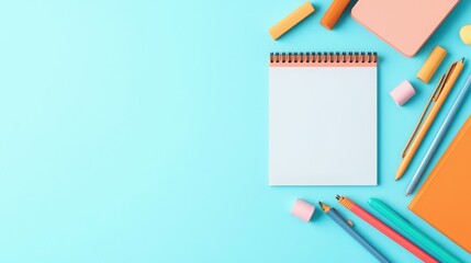 2025 planning aligns with goal setting and objectives. Colorful stationery on a blue background with a blank notepad.