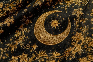 Naklejka premium Elegant Crescent and Star Design on Dark Fabric