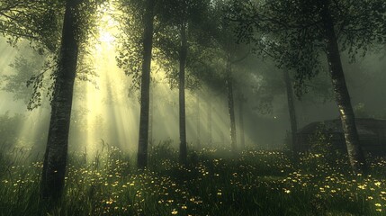 Obraz premium Sunbeams pierce misty forest, illuminating wildflowers.