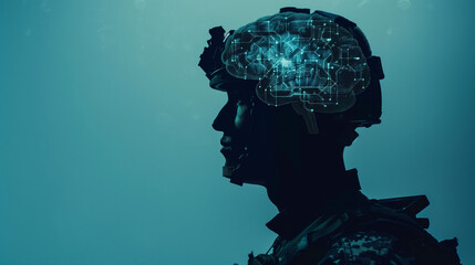 Advanced warfighter profile with glowing digital brain visualization and neural pathways, illustrating military neurotechnology and enhanced battlefield awareness