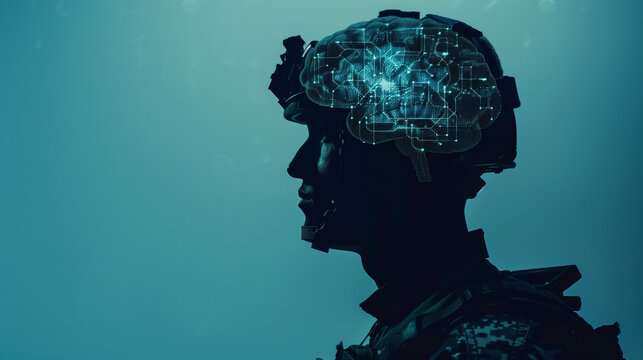 Advanced warfighter profile with glowing digital brain visualization and neural pathways, illustrating military neurotechnology and enhanced battlefield awareness