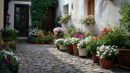 A quaint garden with neatly arranged flower pots on a cobblestone patio.
