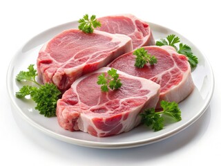Uncooked pork chops gleam on a white plate, butcher-fresh.