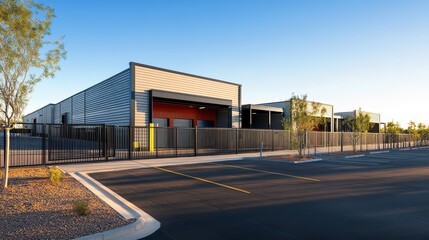 Modern industrial warehouse complex featuring a metal fence and expansive parking area, showcasing urban commercial architecture.
