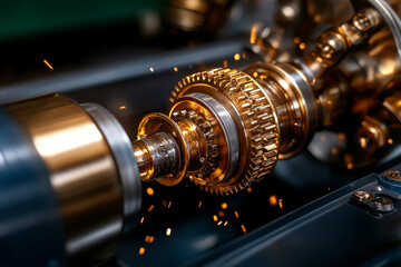 Gears rotating and generating sparks in complex machinery