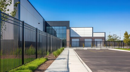 Modern industrial warehouse complex featuring a metal fence and expansive parking area, showcasing urban commercial architecture.