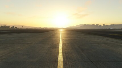 Naklejka premium A quiet airport runway with sunlight highlighting the texture of the tarmac.