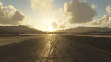 Naklejka premium A quiet airport runway with sunlight streaming through scattered clouds.