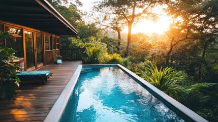 Obraz premium A quiet pool surrounded by a deck and greenery, next to a house under the early morning sun.