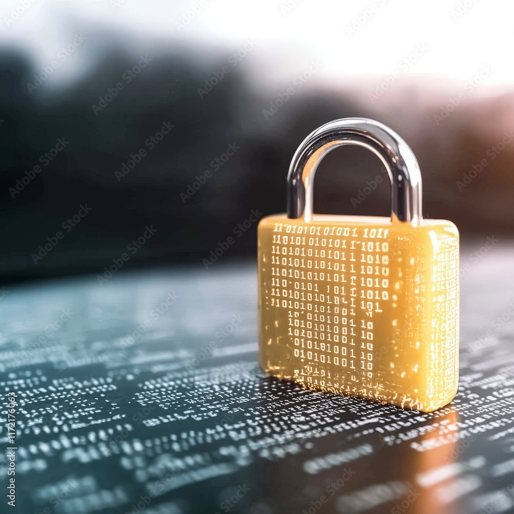 Poster gold padlock on digital code cybersecurity data protection and encryption concept