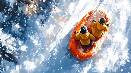 Obraz premium Children sledding down a snowy hill, laughter and joy filling the air, a perfect winter activity, style of book illustration