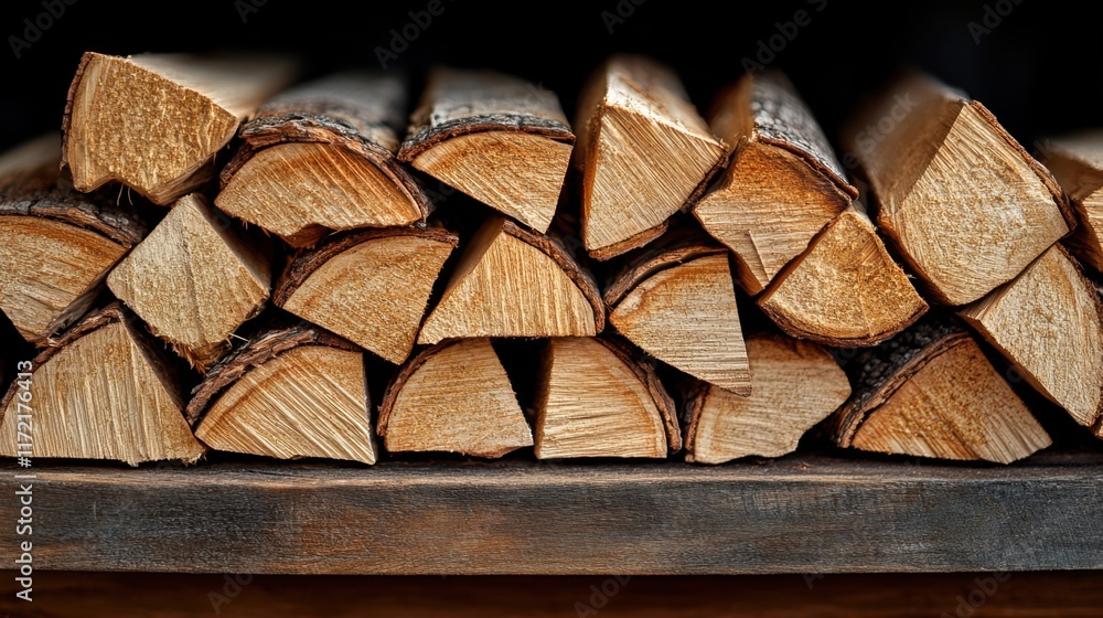 Poster stacked wood logs displayed neatly on a rustic shelf capturing the warmth and texture of natural tim