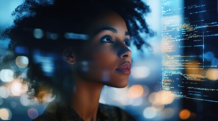 Futuristic workspace with a diverse woman coding on advanced holographic technology, glowing digital interface, vibrant cityscape background, empowering aura, blending innovation and elegance