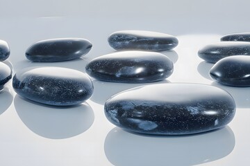 A collection of smooth, dark stones reflecting light on a white surface.