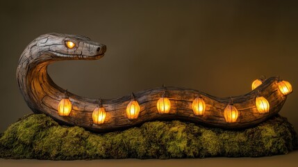 Naklejka premium Wooden Snake Lamp with Illuminated Lanterns
