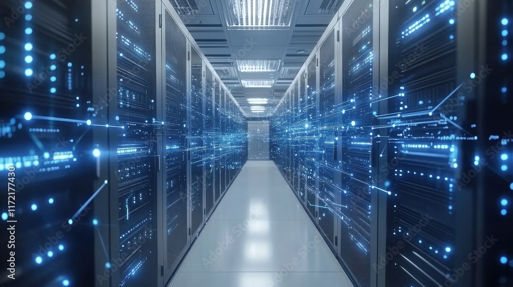 Poster a long corridor of server racks glows with blue data streams. illustrates high-speed data transfer, 