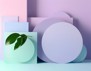 a plant in a vase next to a pink and blue geometric shapes