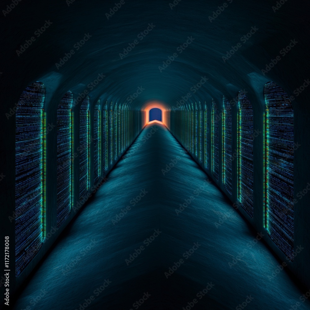 Poster futuristic data tunnel illuminated pathway to digital future glowing walls abstract technology