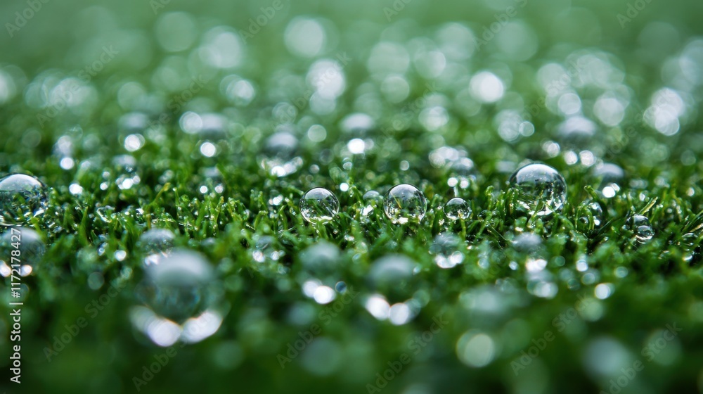 Poster close-up view of water droplets on green artificial grass, highlighting texture and reflection in a 