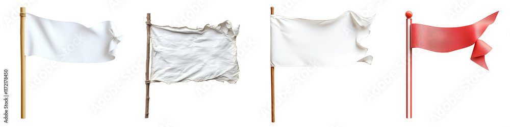 Poster stitched fabric flags in various styles displaying cut-out blank text boxes for custom messaging and