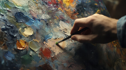 hand mixing colors on palette, creating vibrant textures and hues. artist focus and creativity are evident in colorful strokes and blending techniques