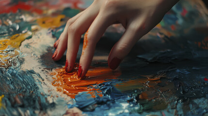 hand mixing vibrant colors on textured palette, showcasing creativity and artistic expression. rich hues blend beautifully, inviting inspiration and imagination