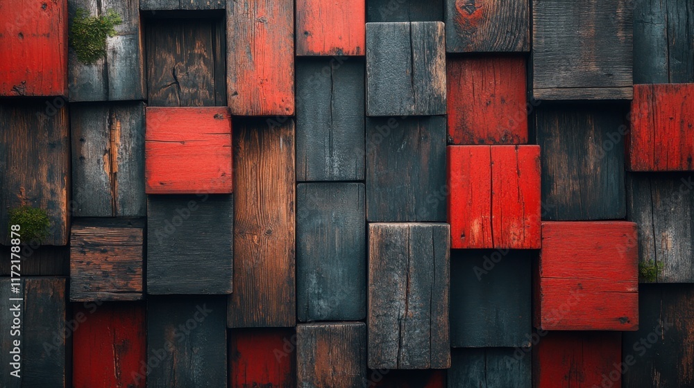 Poster abstract close-up of textured wooden planks with red and black shades, grains and patterns creating 