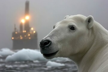 Fototapeta premium Polar Bear Near Oil Rig in Arctic Environment