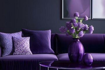 A stylish living room featuring purple decor and floral arrangements.