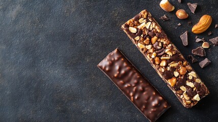 Overhead view of an energy protein bar or chocolate bar with a packaging template design, showcasing the snack's potential branding and design.