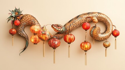 Naklejka premium Ornate Dragon Sculpture Adorned With Colorful Lanterns