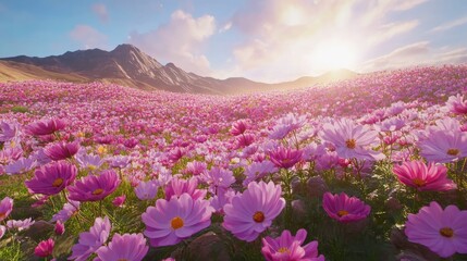Obraz premium A sunny field of blooming cosmos flowers with a picturesque mountain backdrop.