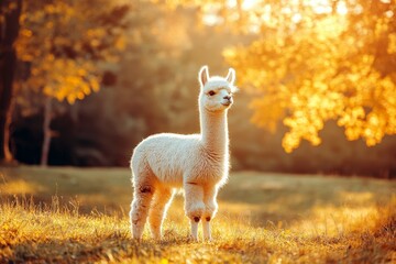Fototapeta premium Fluffy Alpaca Standing in Grassy Field at Sunset