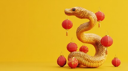 Fototapeta premium Golden Snake with Red Lanterns Celebrates Chinese New Year