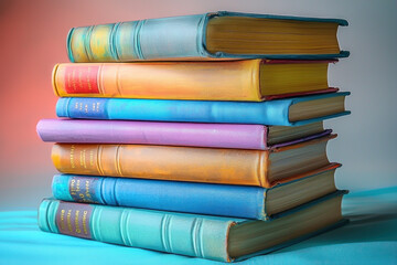 Stacked colorful antique books on blue surface, gradient backdrop